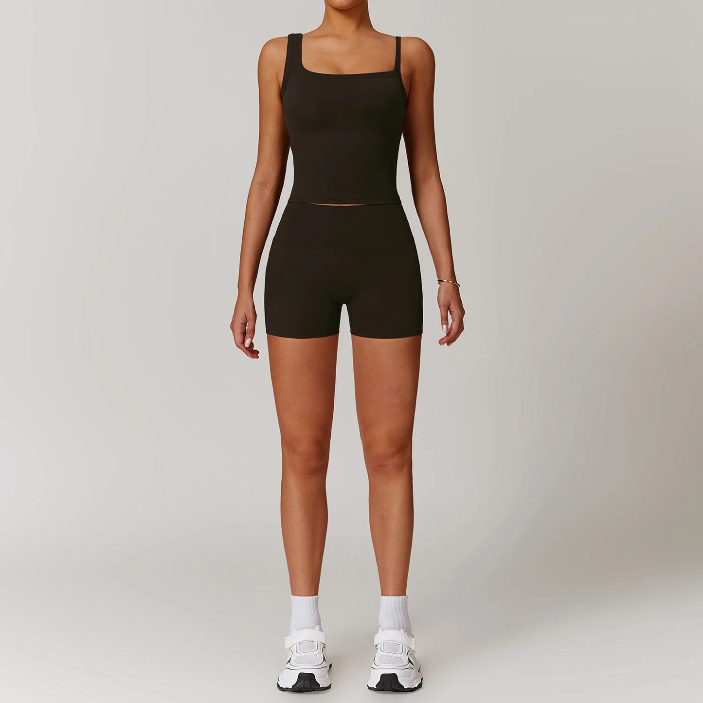 Solid Color Different Size Spaghetti Strap And High Waisted Ruched Booty Shorts Set