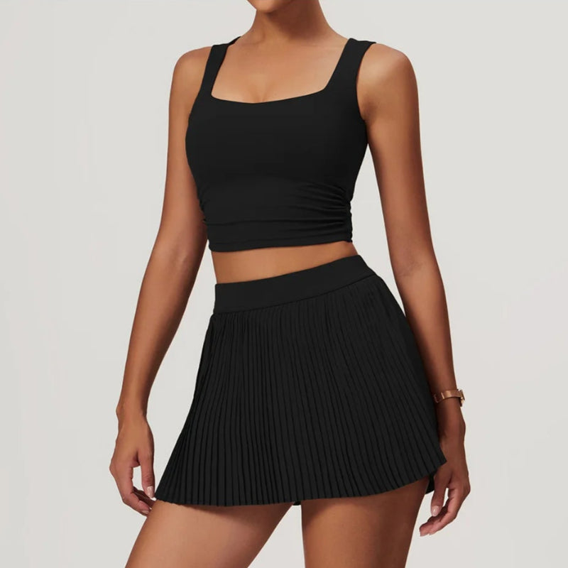 Solid Color Stretchy Crop Sleeveless Top And Pleated Mini Skirt Set