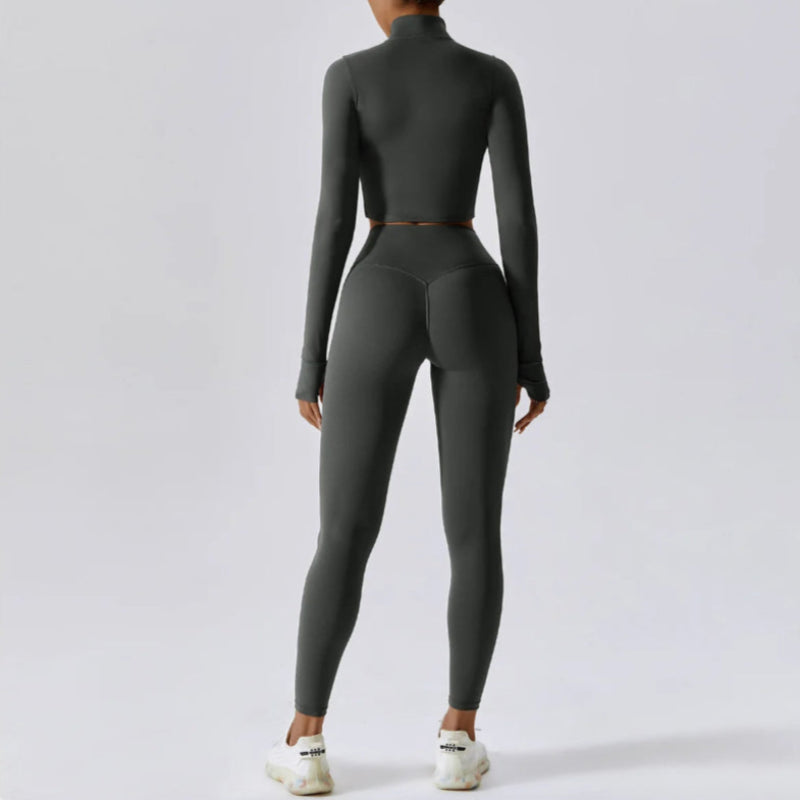 Solid Color Crop Jacket And Crop Top And High Waisted Legging Set