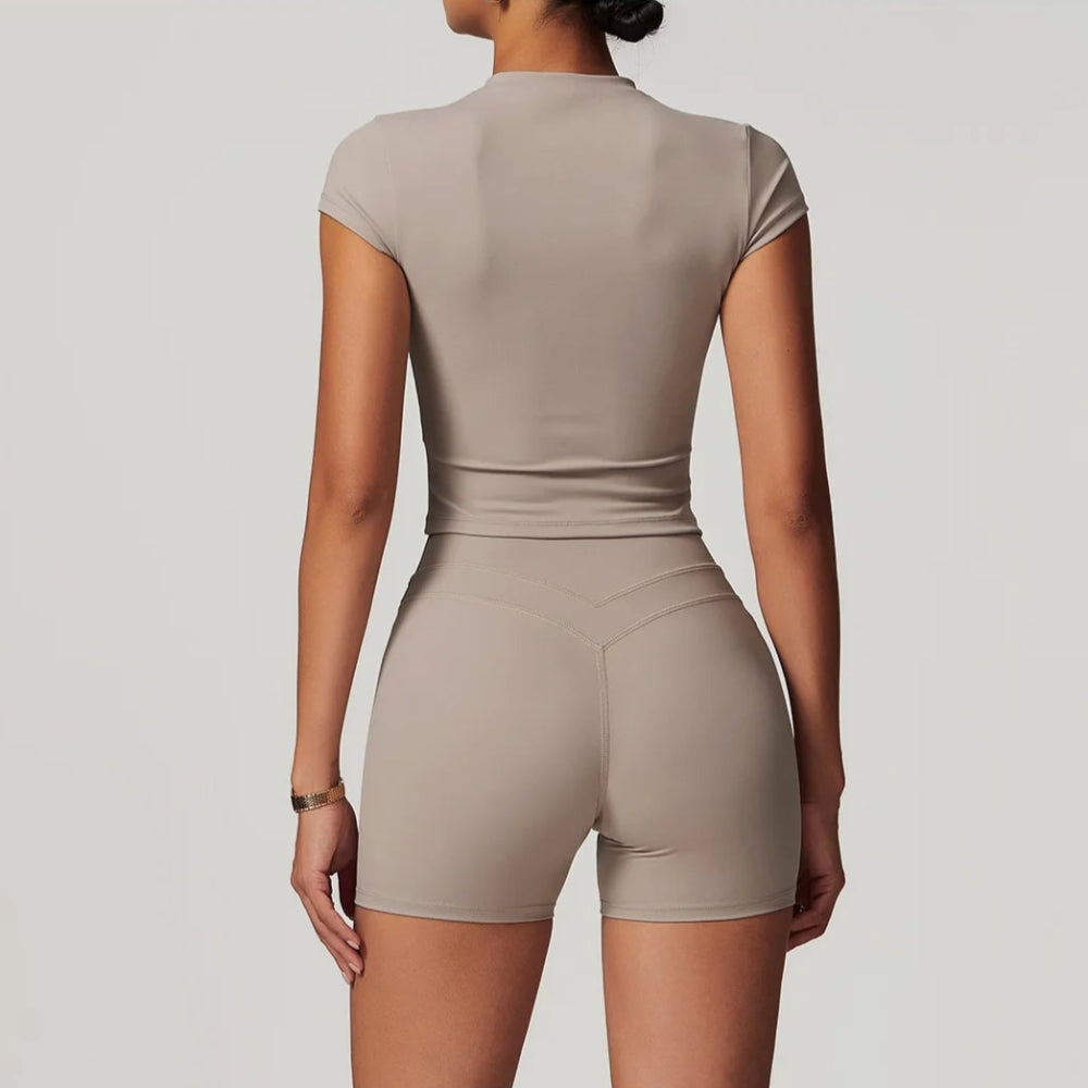 Solid Color Stretchy Short Sleeve And Patchwork High Waisted Shorts Set