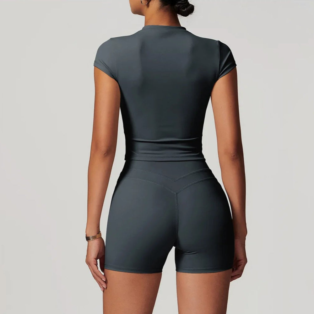 Solid Color Stretchy Short Sleeve And Patchwork High Waisted Shorts Set