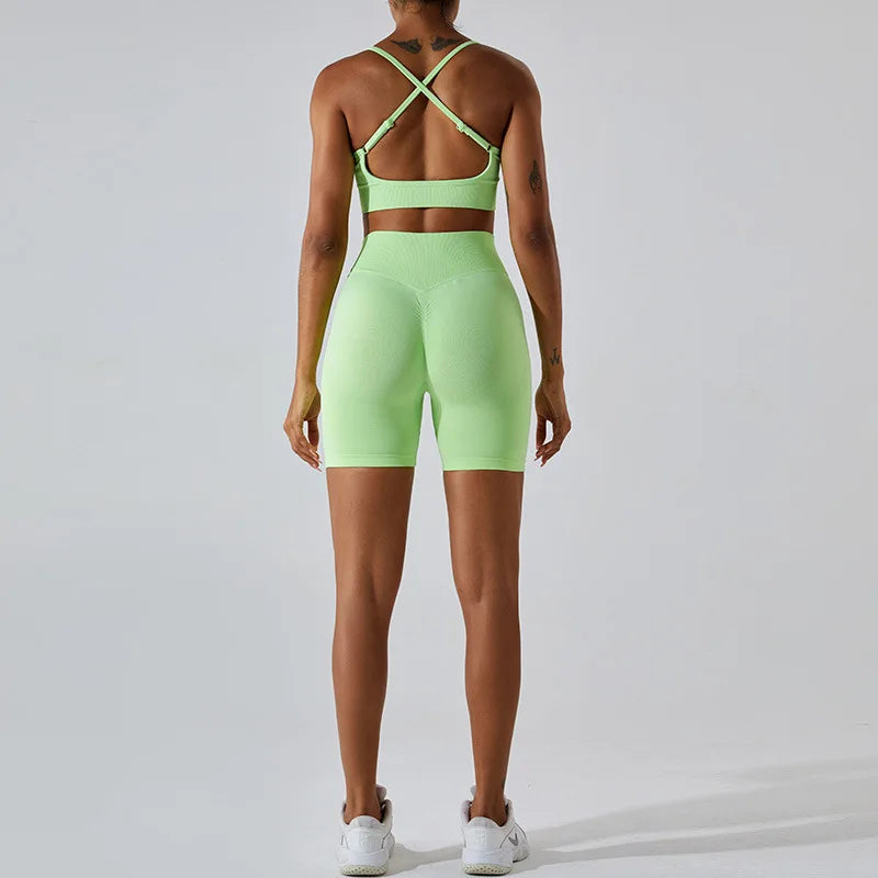 Solid Color Stretchy Sports Bra And High Waisted Ruched Booty Biker Shorts Set
