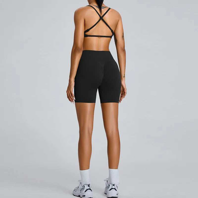 Solid Color Stretchy Backless Strappy Sports Bra And Ruched Booty Biker Shorts Set
