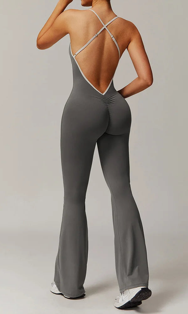 Moody Solid Color Stretchy White Outline Backless V-cut Ruched Booty Criss-Cross Halter Flare Jumpsuit