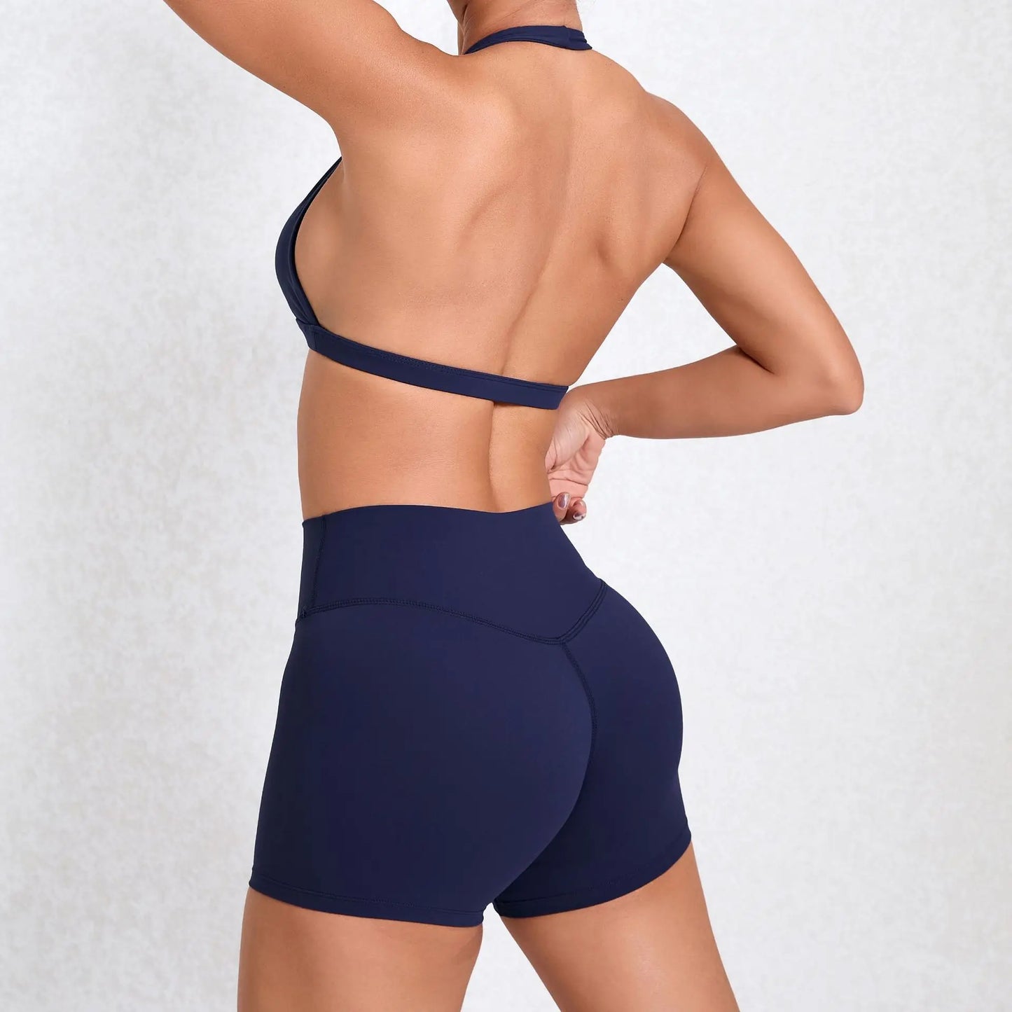 Solid Color Stretchy Patchwork V-Cut Halter Sports Bra And High Waisted Shorts Set