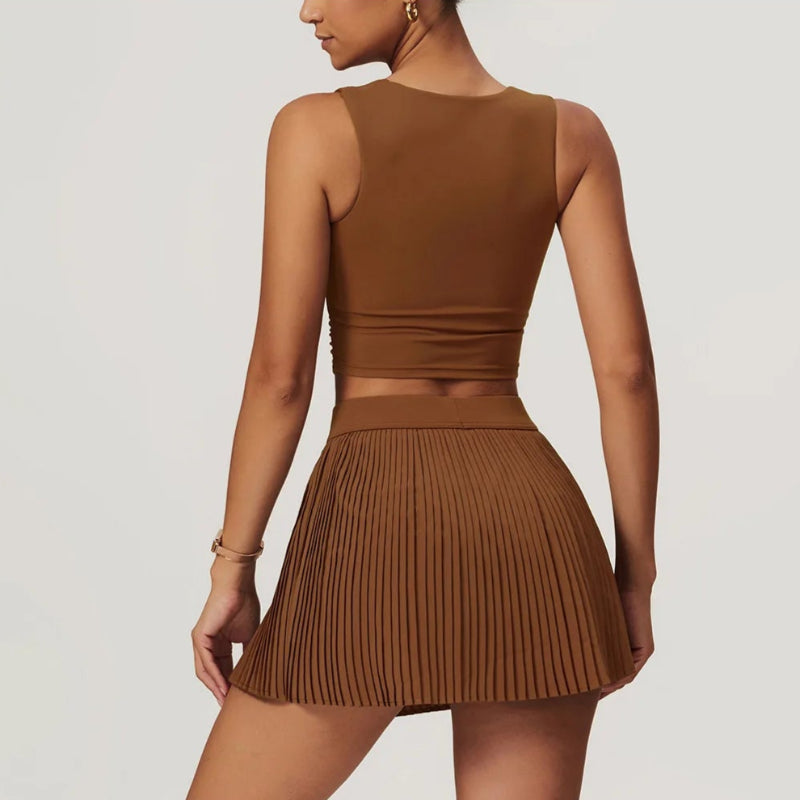 Solid Color Stretchy Crop Sleeveless Top And Pleated Mini Skirt Set