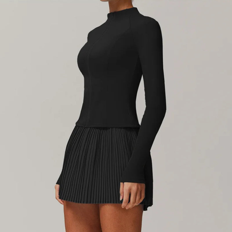 Solid Color Stretchy Collar Zip-Up Jacket And Pleated Mini Skirt Set