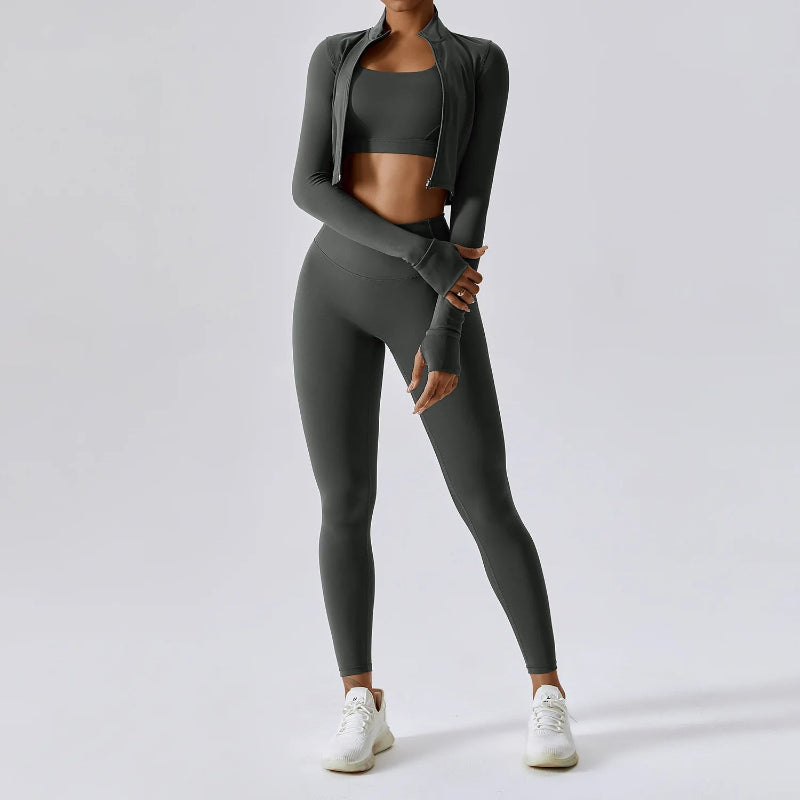 Solid Color Crop Jacket And Crop Top And High Waisted Legging Set