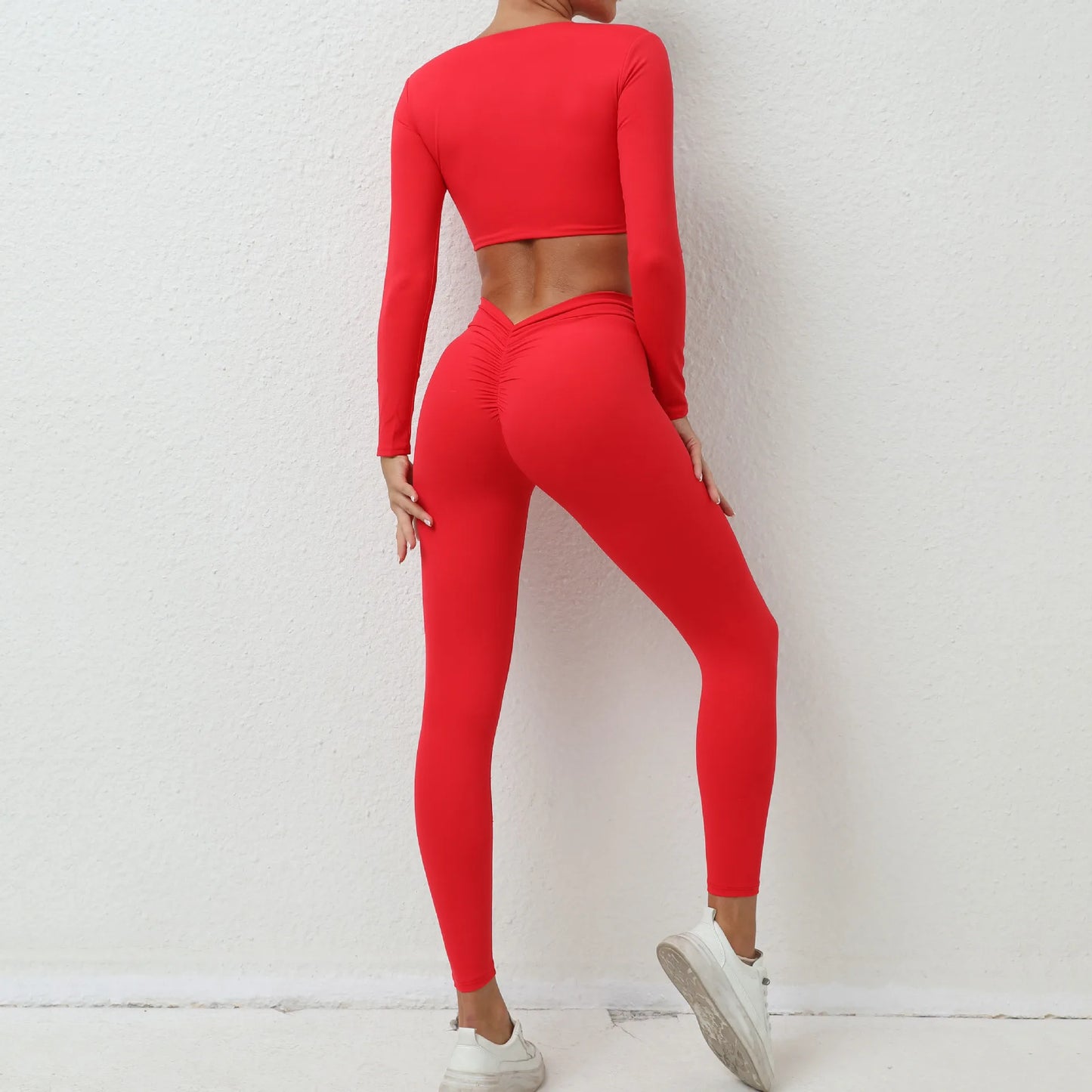 Solid Color Stretchy Twist V-Cut Crop Long Sleeve And High Waisted V-Cut Ruched Booty Legging Set
