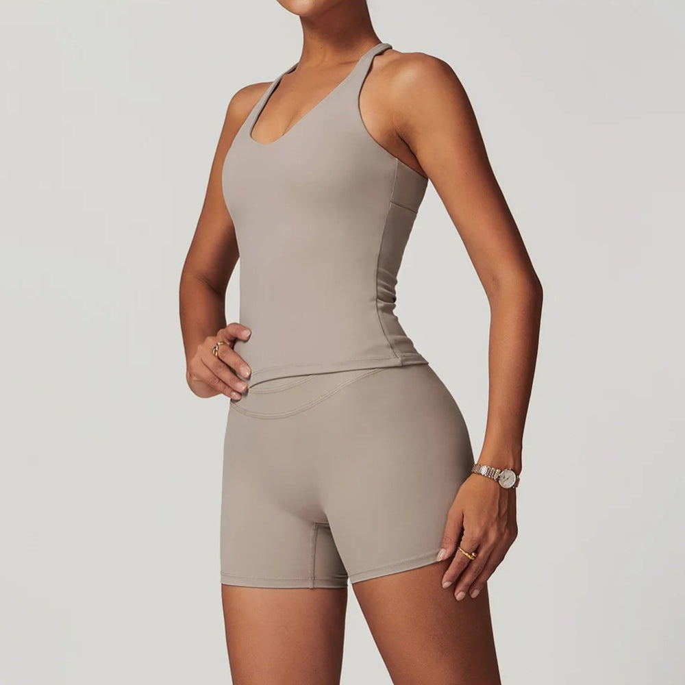 Solid Color Stretchy Criss-Cross Halter And Patchwork High Waisted Shorts Set