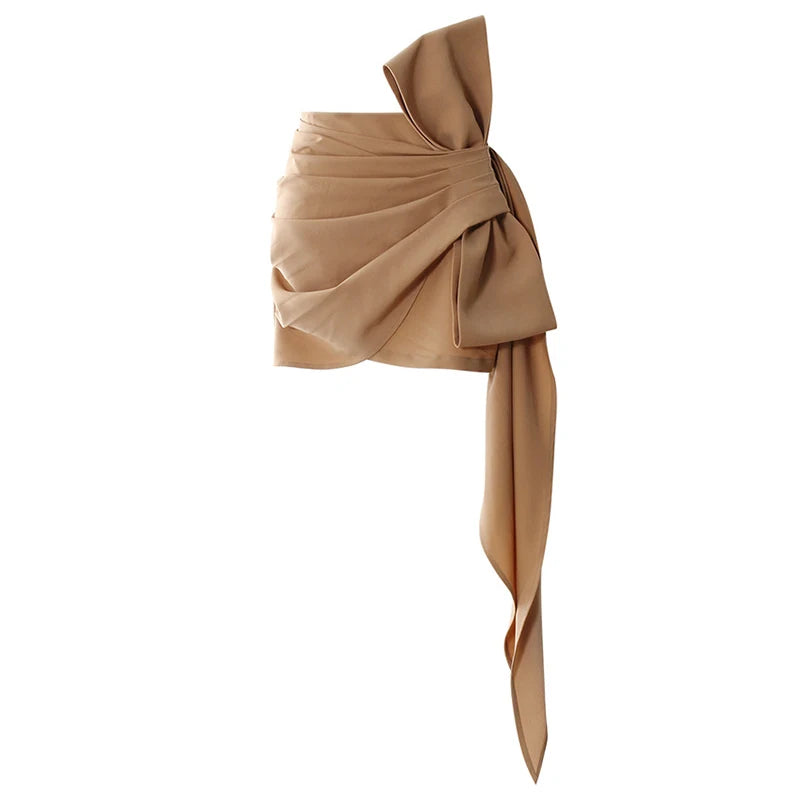 Neutral Pleated Side Bow Mini Skirt