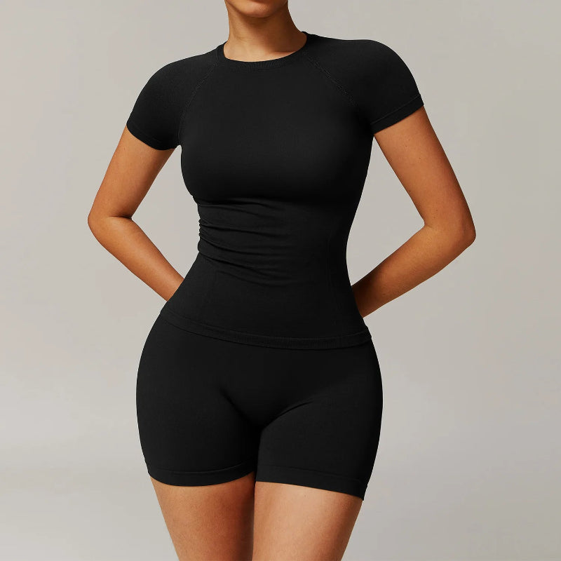 Solid Color Stretchy Patchwork Short Sleeve And Ruched Booty High Waisted Biker Shorts Set