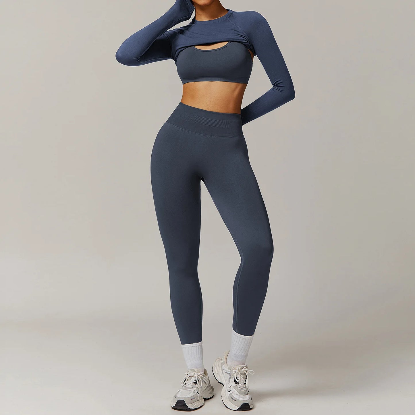 Solid Color Stretchy Long Sleeve Cardigan And Sports Bra And Ruched Booty High Waisted Legging Set