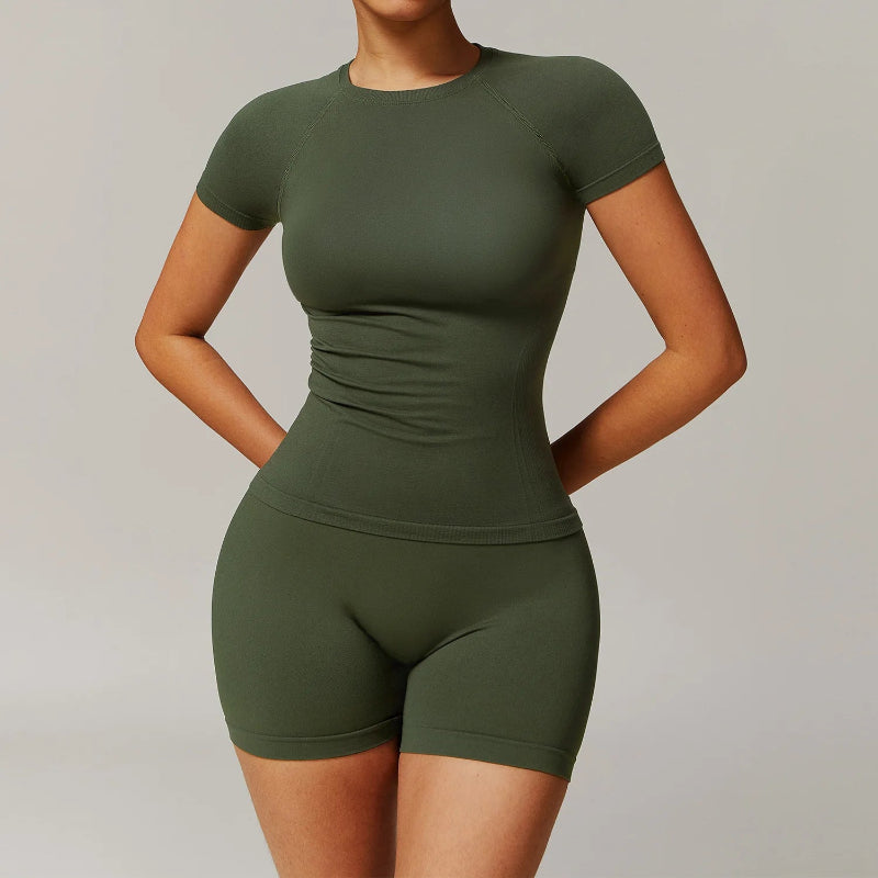 Solid Color Stretchy Patchwork Short Sleeve And Ruched Booty High Waisted Biker Shorts Set