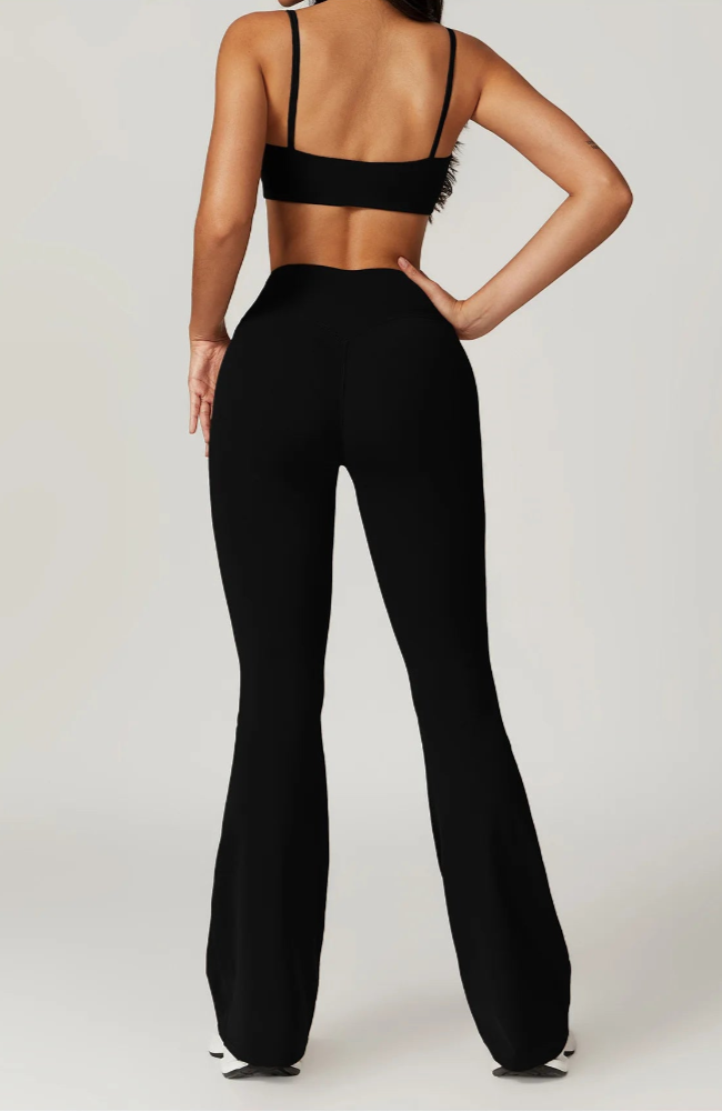 Solid Color Stretchy Sports Bra And V-Cut High Waisted Biker Flare Pants Set