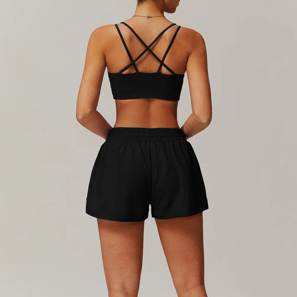 Solid Color Stretchy Double Strap Criss-Cross Halter Sports Bra And Loose Shorts Set