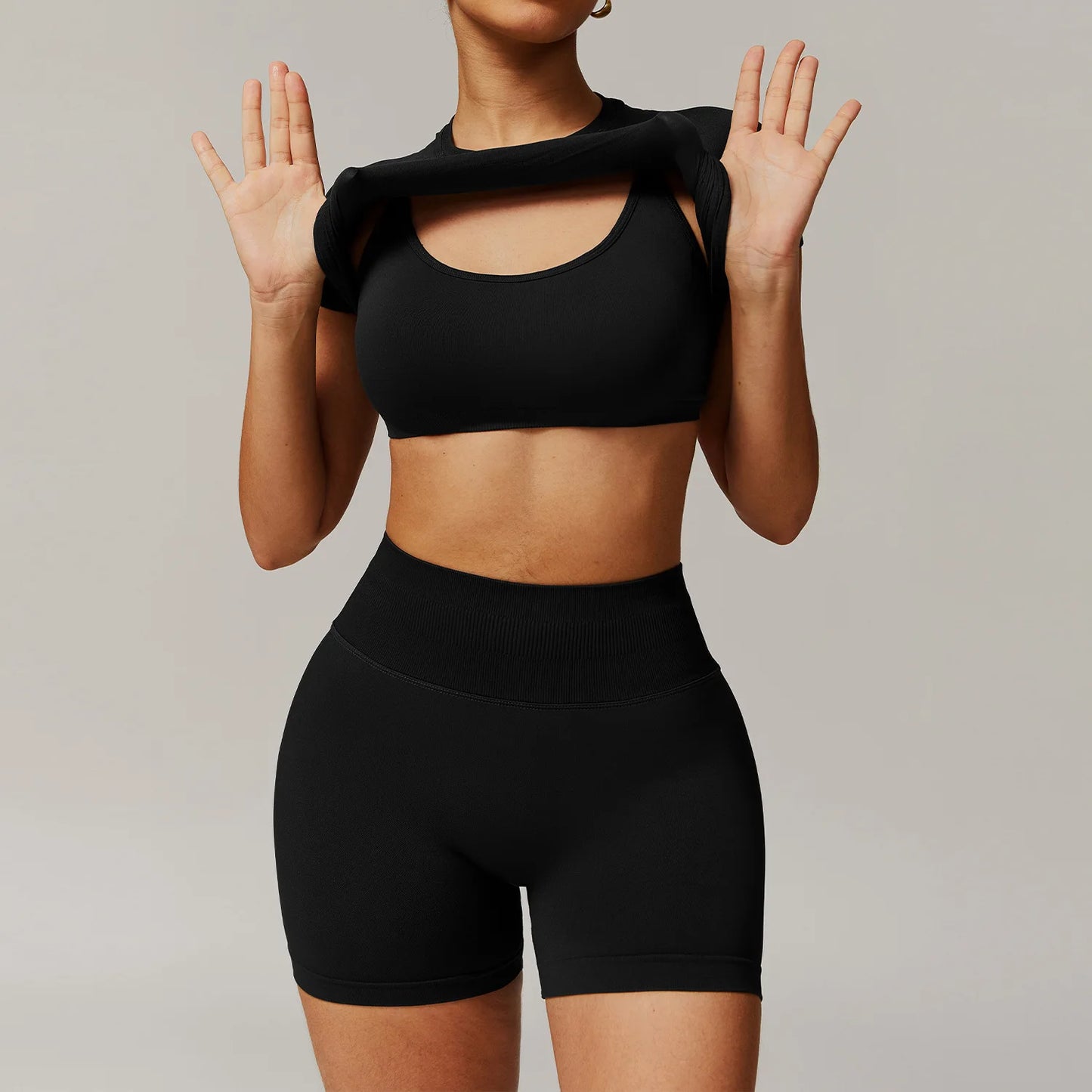 Solid Color Stretchy Short Sleeve Cardigan And Sports Bra And Ruched Booty High Waisted Biker Shorts Set