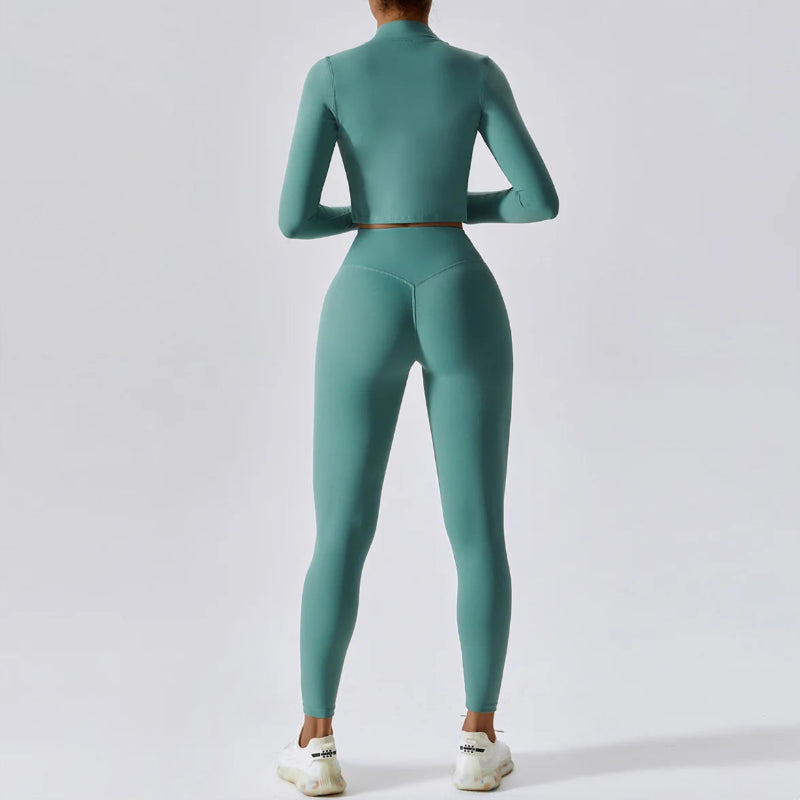 Solid Color Crop Jacket And Crop Top And High Waisted Legging Set