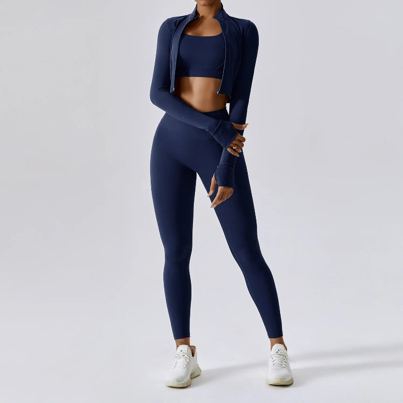 Solid Color Crop Jacket And Crop Top And High Waisted Legging Set