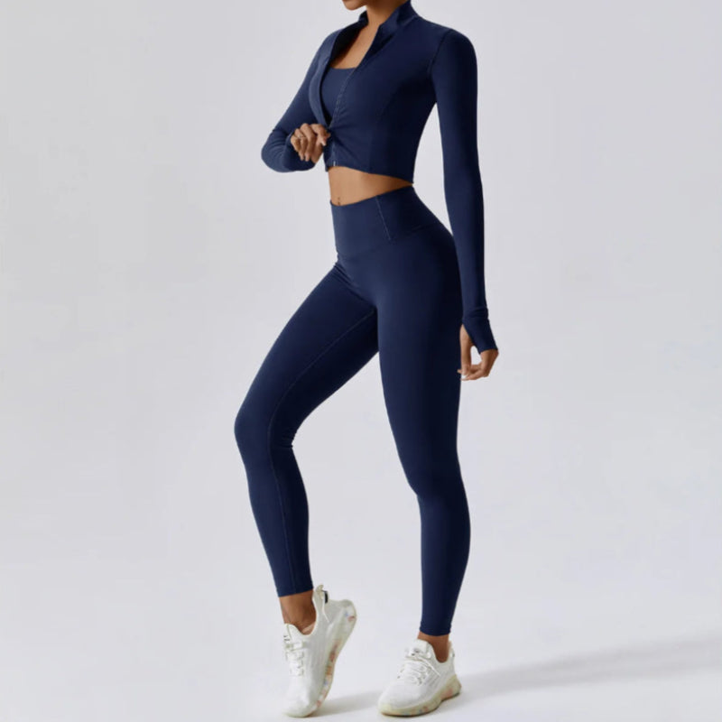 Solid Color Crop Jacket And Crop Top And High Waisted Legging Set