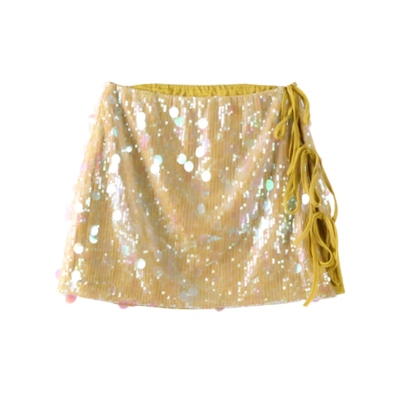 Neon Solid Color Sequin Side Tie-Up Mini Skirt
