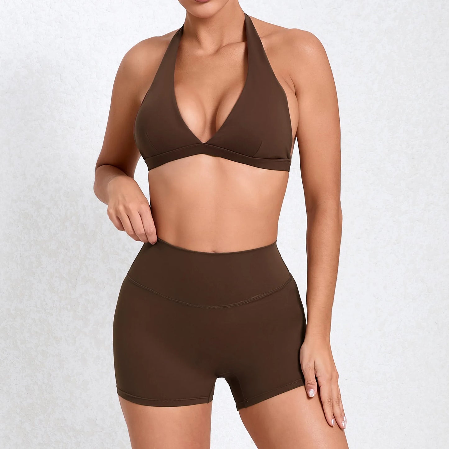 Solid Color Stretchy Patchwork V-Cut Halter Sports Bra And High Waisted Shorts Set