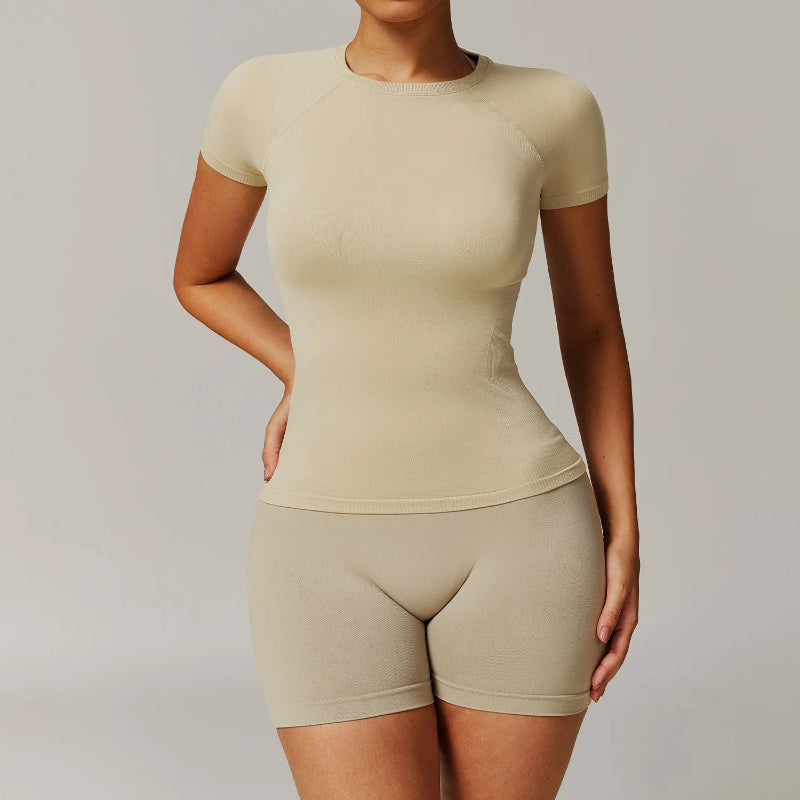 Solid Color Stretchy Patchwork Short Sleeve And Ruched Booty High Waisted Biker Shorts Set