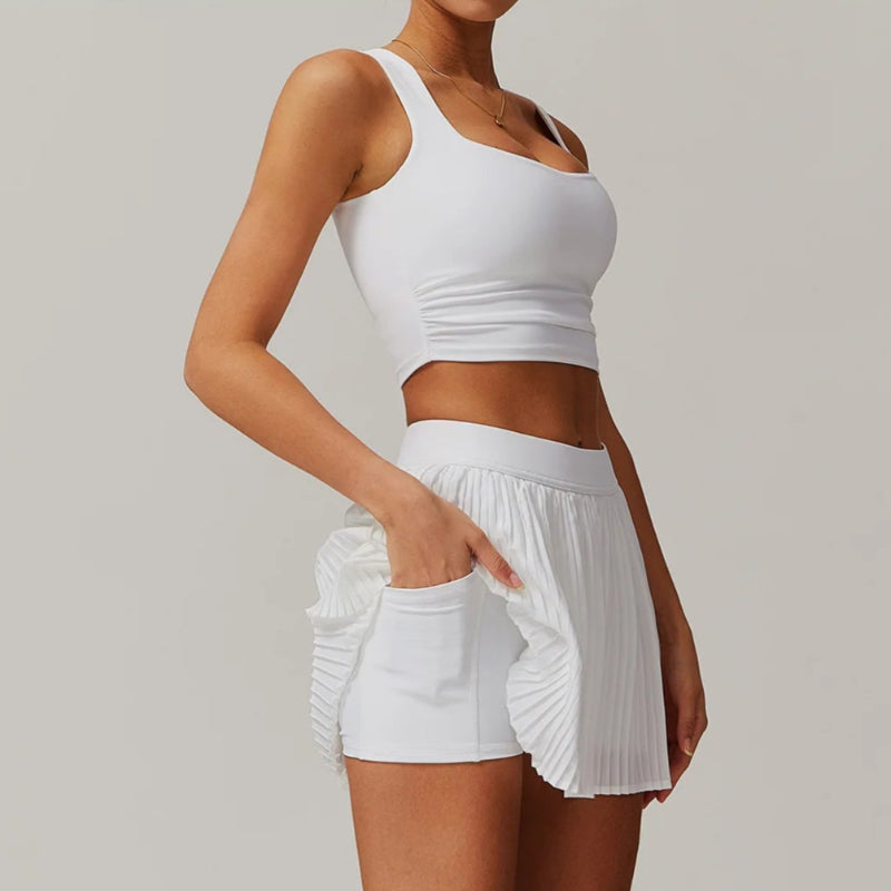 Solid Color Stretchy Crop Sleeveless Top And Pleated Mini Skirt Set