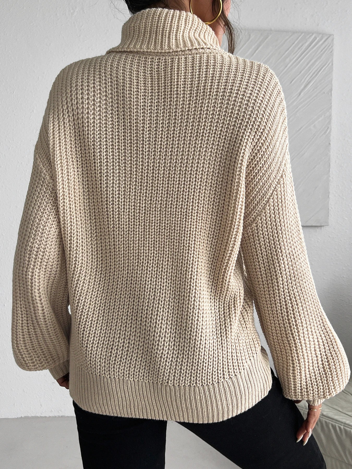 Khaki Knit Ribbed Turtleneck Puff Sleeve Sweater