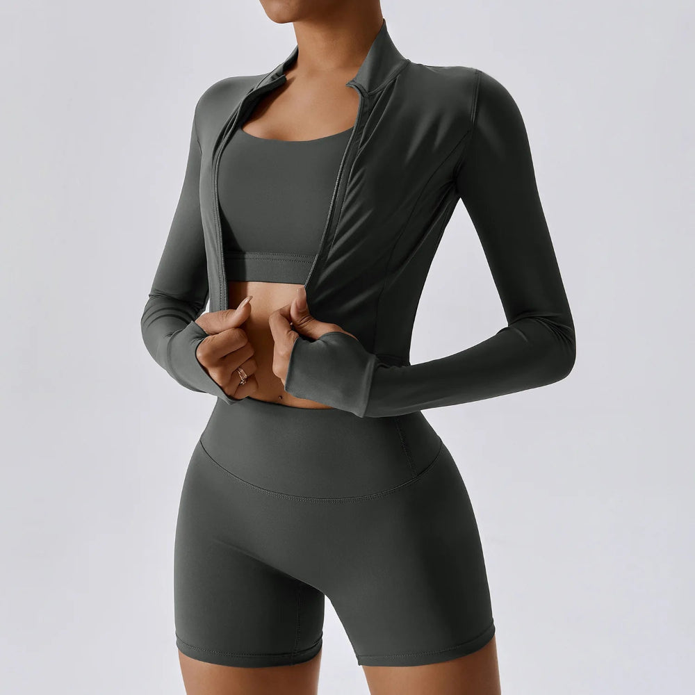 Solid Color Crop Jacket And Crop Top And High Waisted Shorts Set