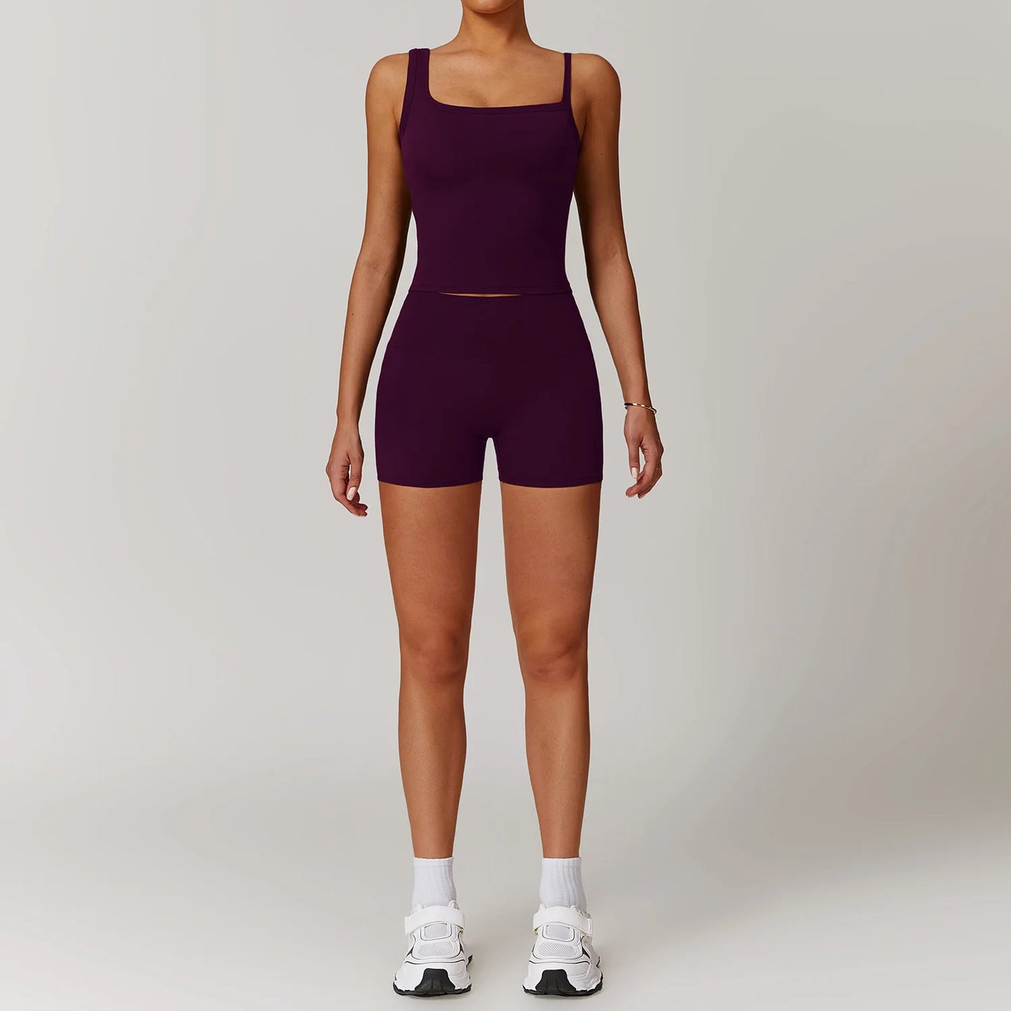 Solid Color Different Size Spaghetti Strap And High Waisted Ruched Booty Shorts Set