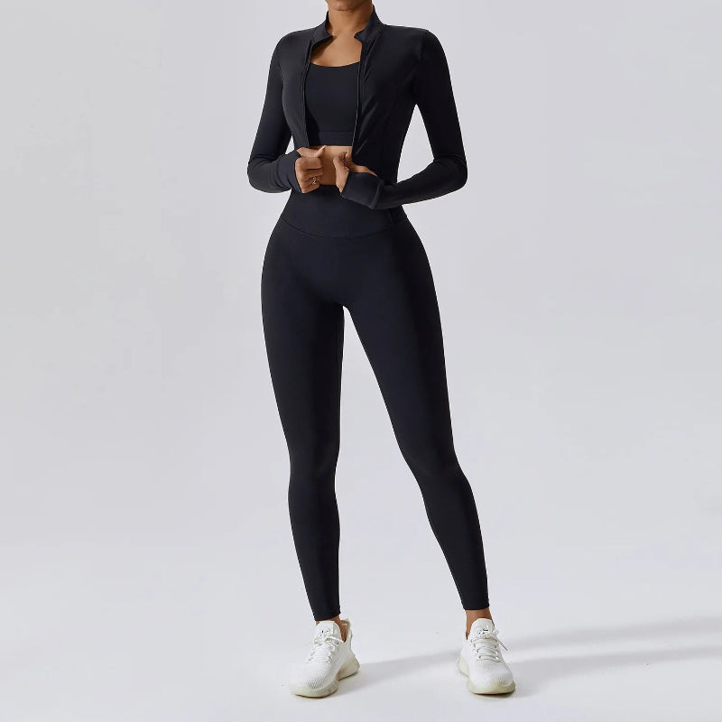 Solid Color Crop Jacket And Crop Top And High Waisted Legging Set