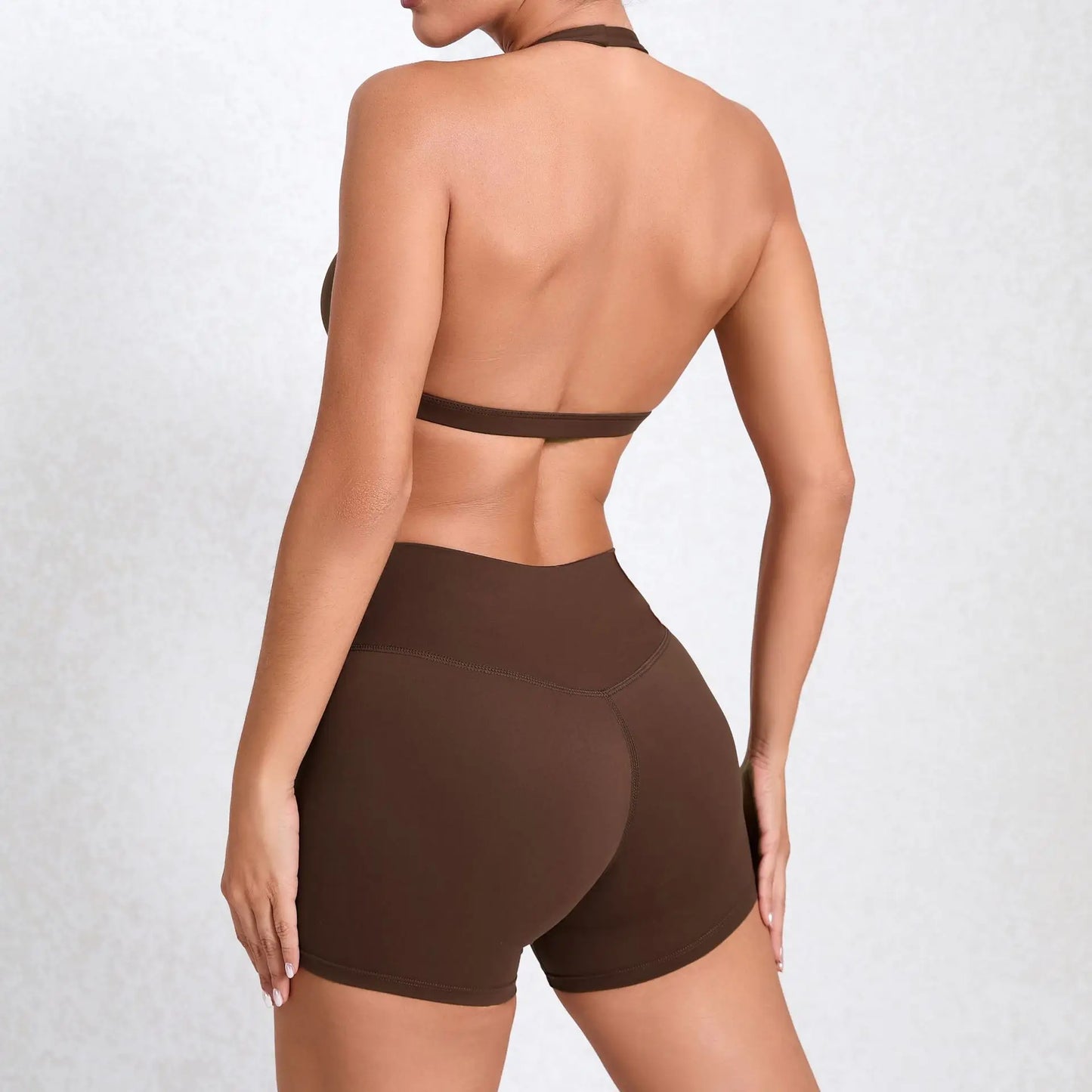 Solid Color Stretchy Patchwork V-Cut Halter Sports Bra And High Waisted Shorts Set