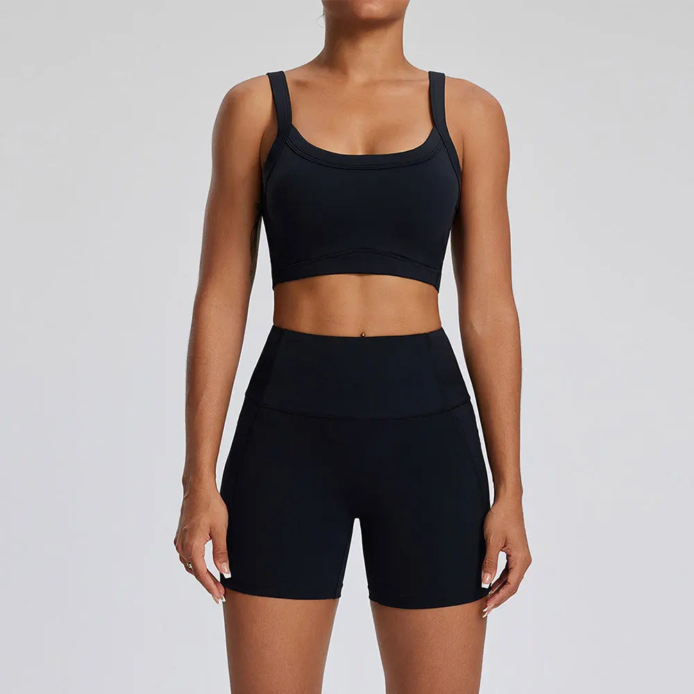 Solid Color Stretchy Patchwork Crop Thick Spaghetti Strap And High Waisted Shorts Set