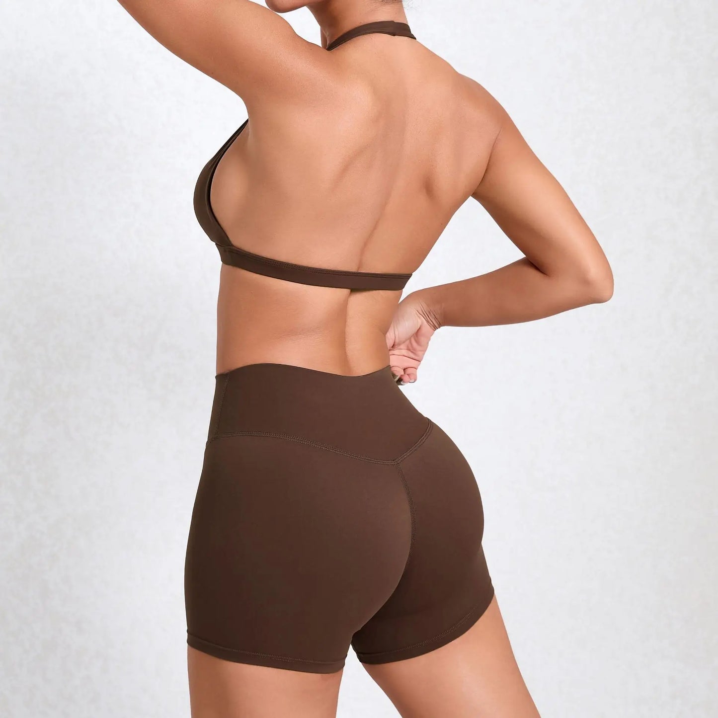 Solid Color Stretchy Patchwork V-Cut Halter Sports Bra And High Waisted Shorts Set