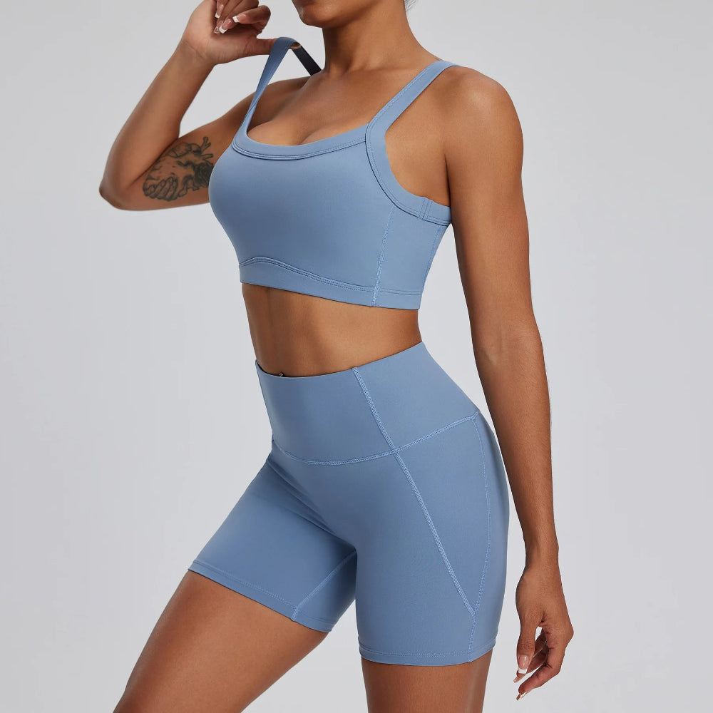 Solid Color Stretchy Patchwork Crop Thick Spaghetti Strap And High Waisted Shorts Set