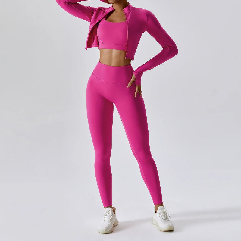 Solid Color Crop Jacket And Crop Top And High Waisted Legging Set