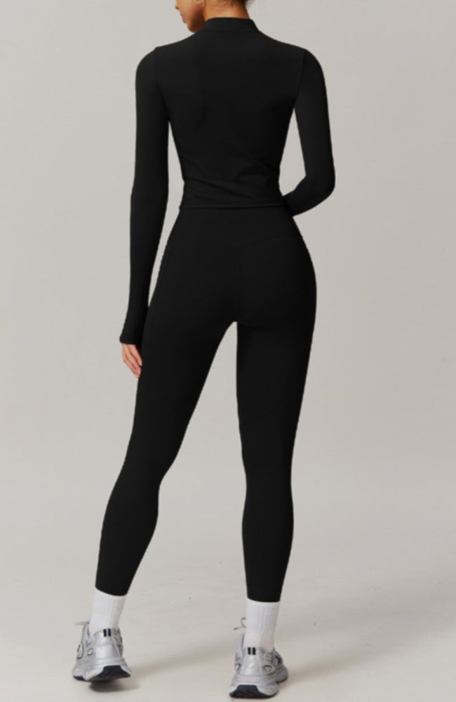 Solid Color Stretchy Collar Zip-Up U-Shape Jacket And High Waisted Legging Set