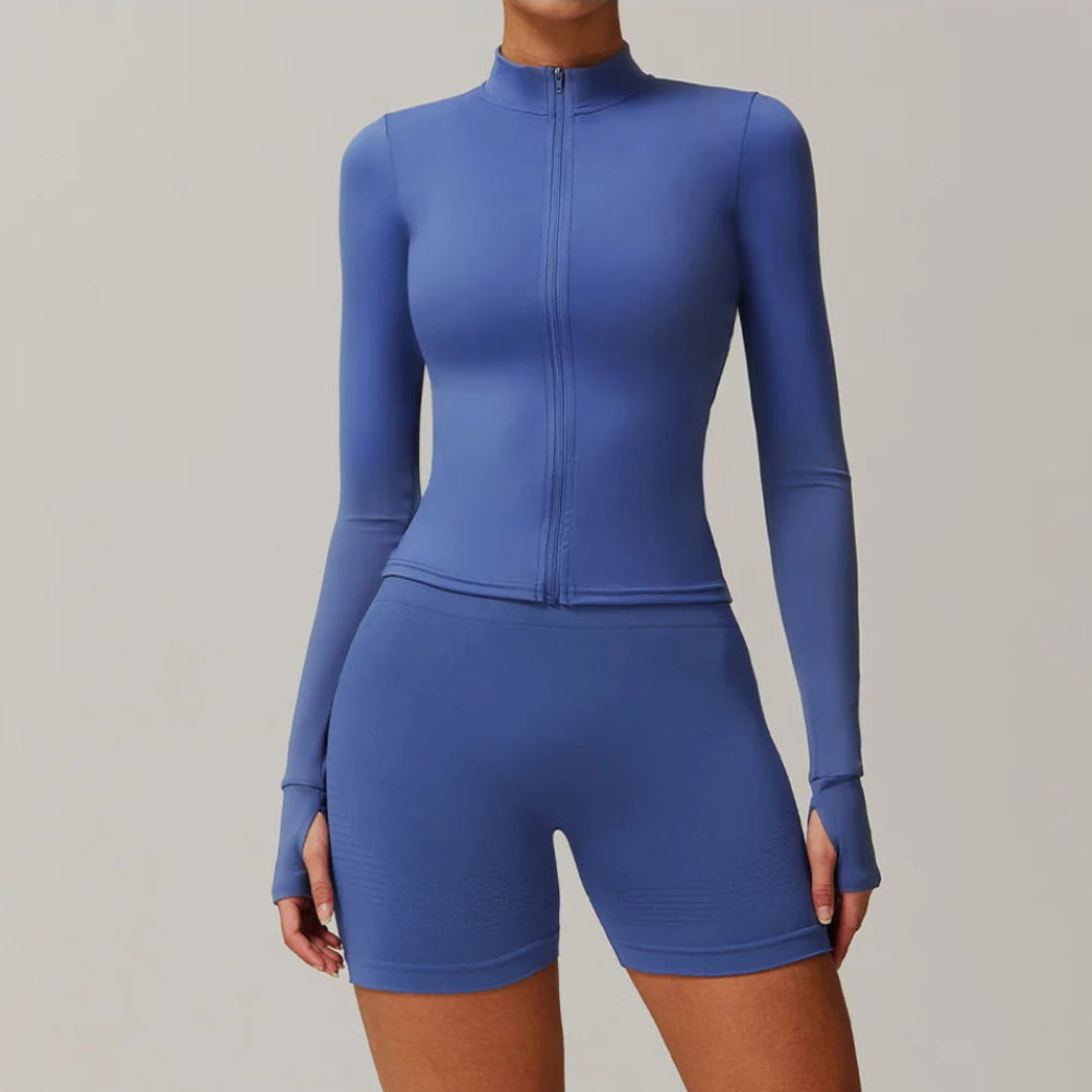 Solid Color Stretchy Collar Zip-Up Jacket And High Waisted Biker Shorts Set