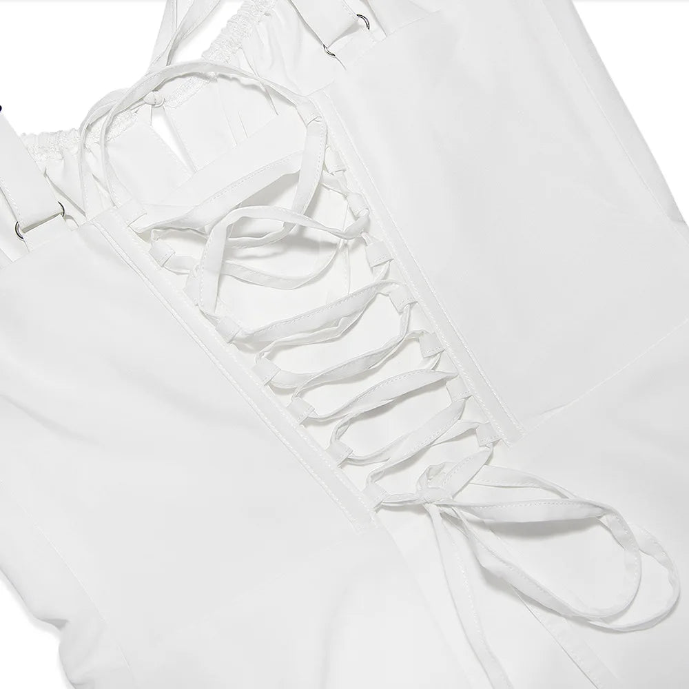 Solid Color Spaghetti Strap Ruched Hollow Out Drawstring Corset Back Lace-Up Mini Dress