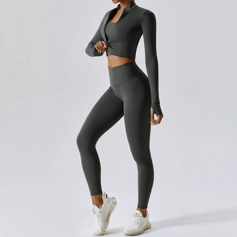 Solid Color Crop Jacket And Crop Top And High Waisted Legging Set