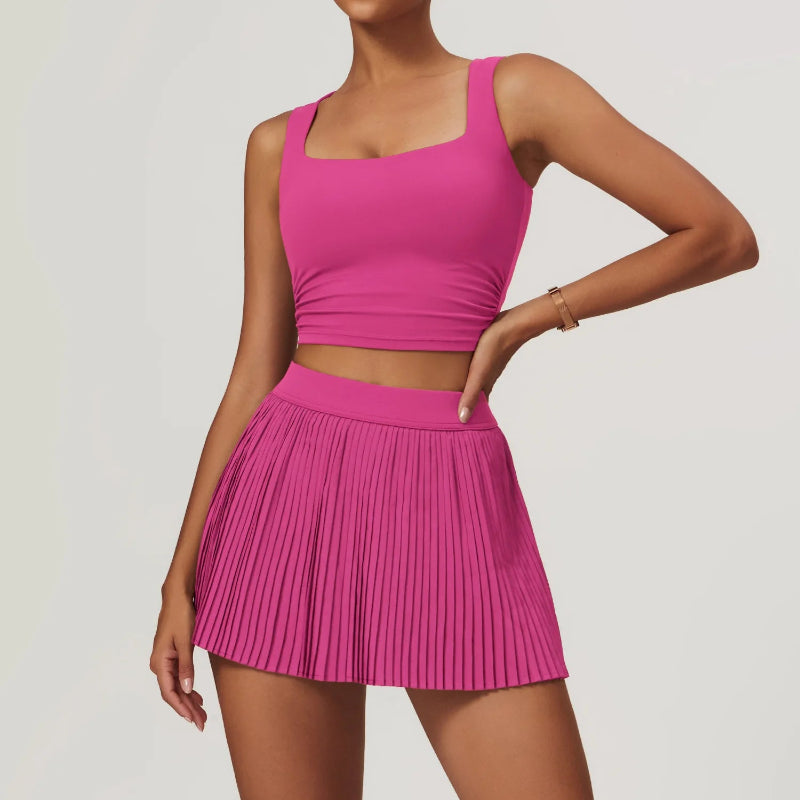 Solid Color Stretchy Crop Sleeveless Top And Pleated Mini Skirt Set