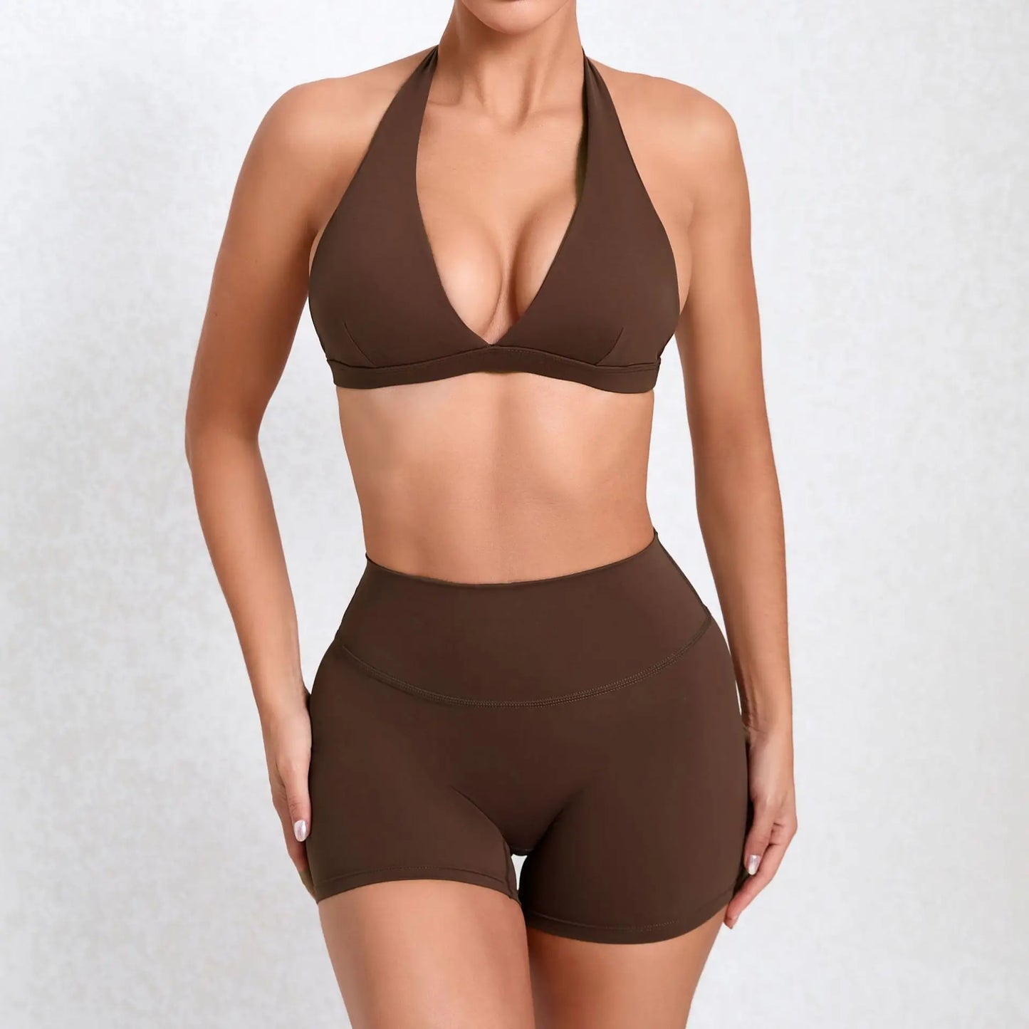 Solid Color Stretchy Patchwork V-Cut Halter Sports Bra And High Waisted Shorts Set