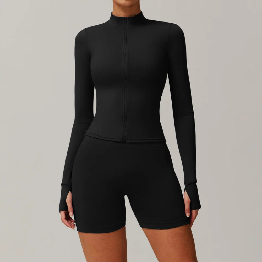 Solid Color Stretchy Collar Zip-Up Jacket And High Waisted Biker Shorts Set