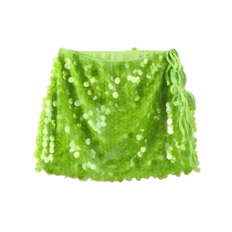 Neon Solid Color Sequin Side Tie-Up Mini Skirt