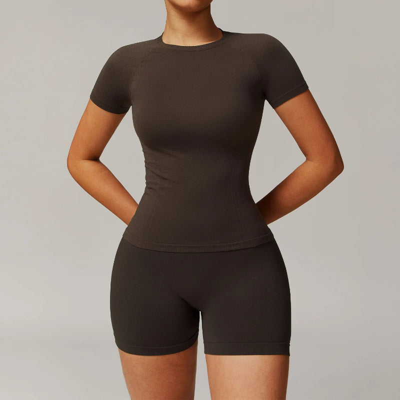 Solid Color Stretchy Patchwork Short Sleeve And Ruched Booty High Waisted Biker Shorts Set