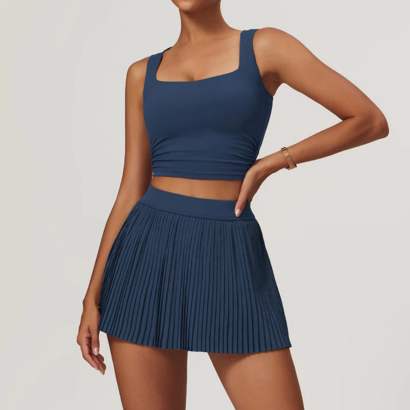 Solid Color Stretchy Crop Sleeveless Top And Pleated Mini Skirt Set
