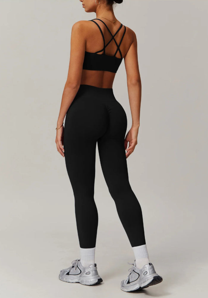 Solid Color Stretchy Double Strap Criss-Cross Halter Sports Bra And High Waisted Legging Set