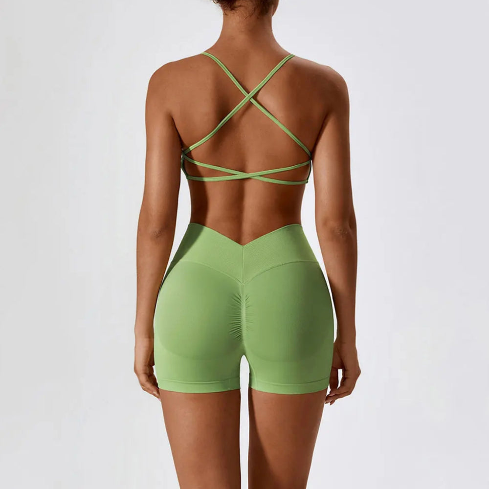 Solid Color Stretchy Backless Strappy Sports Bra And High Waisted V-Cut Ruched Booty Shorts Set