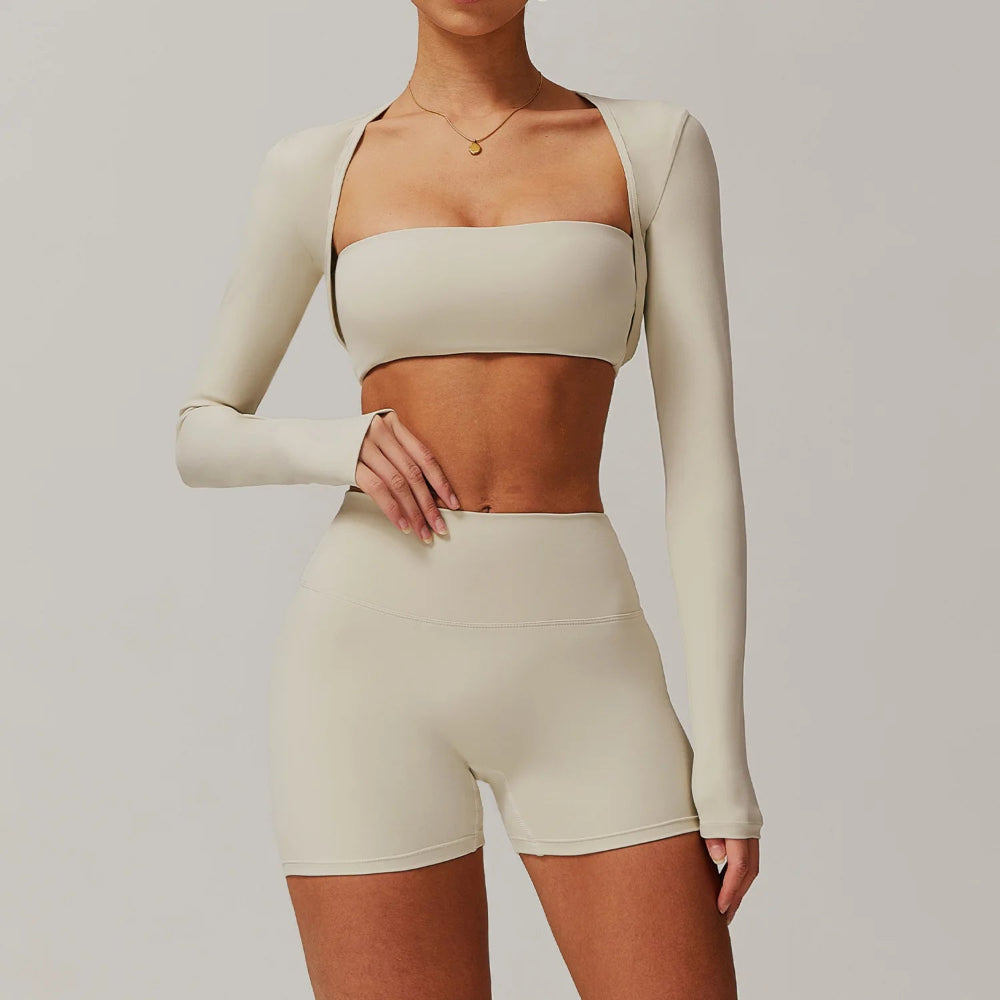 Solid Color Stretchy Cardigan And Bralette And High Waisted Shorts Set